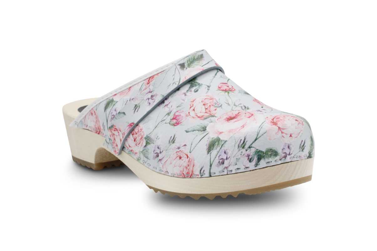 Holz Clogs in Rose, offen (floral gemustert)